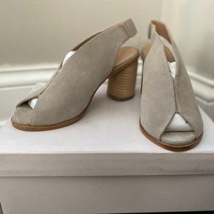 Anthropologie Tan Suede Open Toe Block Heels